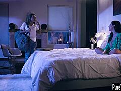 Big-boobed milf moans as lesbian fingers her soaked pussy