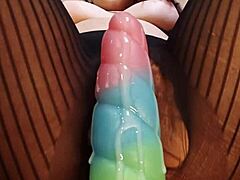 i ride bad dragon dildo close up my hairy pussy