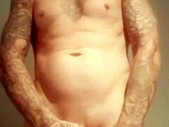 Blue eyed tattooed amateur strokes massive cock in homemade solo update