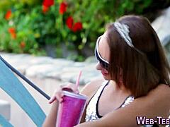 stockings teen licks petite brunette pussy so hungrily!