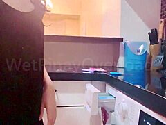 POV skinny Asian schoolgirl washing wet uniform after homemade sex