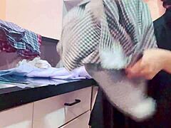 POV skinny Asian schoolgirl washing wet uniform after homemade sex