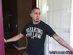 A bound student in uniform gets relentlessly pounded outdoors by dominant master