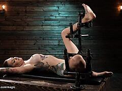 Tall Tattooed Slave Gags Chokes on Device Bondage Toy Torment