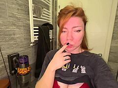 redhead beauty risky squirts hard in toilet orgasm fingering