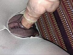 Shaved pussy creampie through ripped stockings overflows with hot cum orgasm