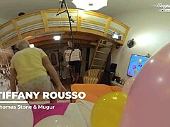 surprise birthday milf! tiffany rousso's big pussy lips take double vaginal from hungarian group fuck toys!