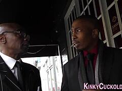 Babe Humiliates Hubby with Cuckold Monster Cock Handjob