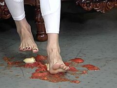 japanese mistress crushes food under feet then makes slave lick
