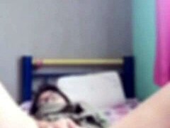 hey cuñada, let's masturbate on video call, creampie close but almost caught!