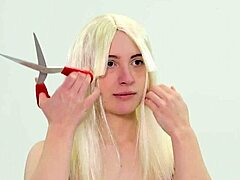 Submissive woman lets dominant cut her long hair short.