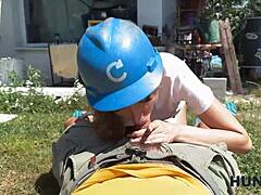 Sneaky fanta sie cheats with old hunter's cock outdoors for her salary while cuckold watches.