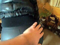 milfycalla covers black down jacket leather leggings in thick cum preview