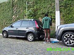 Handyman Fucks Mature Boss on Street in Red Sheer