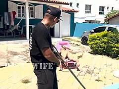 waited for hubby to leave then fucked pool boy full in red sheer outfit