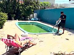 waited for hubby to leave then fucked pool boy full in red sheer outfit