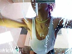 Hairy Latina Flashes Wet Pussy Thong in Outdoor Carwash Exhibition