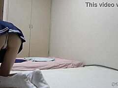 skinny japanese uniform girl sneaks tit flashes during room cleaning chores