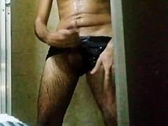 skinny brazilian guy jerks monster cock in shower till orgasm