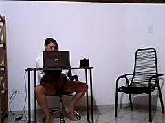 secretary fingers pussy wildly then bareback fucks client on desk