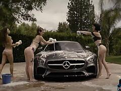 imagine milf babes oiling up big asses in tiny bikinis by the mercedes amg gt outdoors