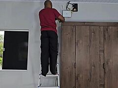 Nerd geek cums quick in curly emo's tight pussy then creampies her huge ass