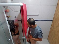 Brunette Stepdaughter Takes Hubby's Monster Cock Choke Deep in Bathroom