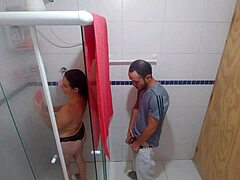 Brunette Stepdaughter Takes Hubby's Monster Cock Choke Deep in Bathroom