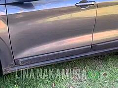 Hot Japanese babe sucks sits on black cock draining cum parking lot