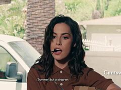 petite shaved lesbian straps on for dainty delivery girl's wet cunt licking