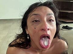 latina gym slut gagging on cock before sloppy swallow?