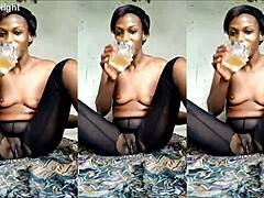 Milf Nikkie squirts from eggplant fuck and tastes it