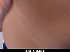 How does this busty milf thief escape the security guard's huge cock punishment?