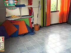 nudist barbershop lady strips client naked for apron haircut tease