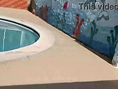 i flash saggy tits at pool showers then fuck pussy with black dildo outdoors