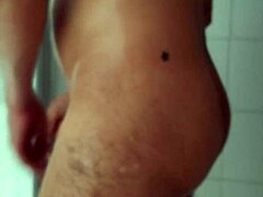 Big dick guy carefully shaves his thick monster cock in bathroom