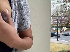 damn, ebony babe flashes tits outdoors then masturbates publicly...