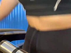 post workout babe masturbates pussy licks ass to orgasm in crowded bathroom