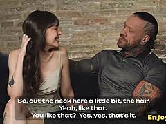 inked brunette with trimmed pussy rims and swallows jizz in hd