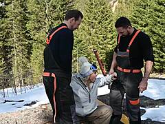 sexy snowboarder brittany bardot craves lumberjacks' rough dp threesome outdoors