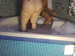 cute pornstar rides cock to anal creampie in steamy bath