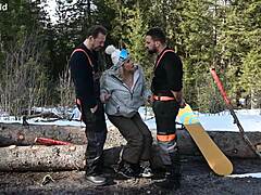 sexy snowboarder brittany bardot craves lumberjacks' rough dp threesome outdoors