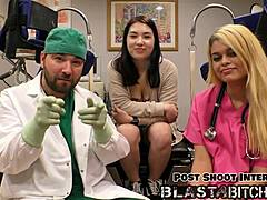 Behind scenes, Mina Moon’s shaved pussy spread wide for huge cum blast