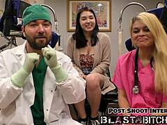 Behind scenes, Mina Moon’s shaved pussy spread wide for huge cum blast