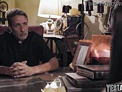 Cheating Busty Milf Fucks Hairy Priest's Monster Cock for Church Forgiveness