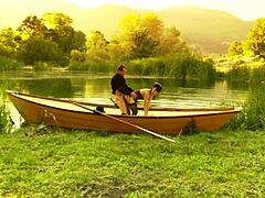 vintage couple rides rough outdoors on boat heels and stockings