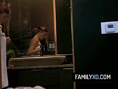 Stepbrother pounds stepsisters' shaved pussies in taboo threesome!