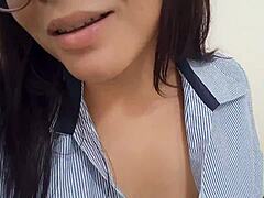 Excited secretary touches herself dirty in boss office