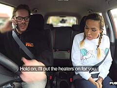 busty aussie milf rides cock during public driving lesson