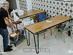 Squirting brunette fucks roommate risks janitor spotting her!